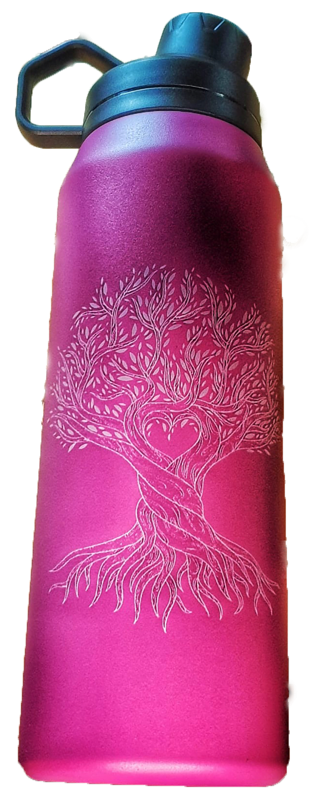Bouteille isotherme en inox laqué gravé avec un arbre de vie et un cœur symbolisant l'amour à offrir comme cadeau de la saint Valentin ou amoureux
