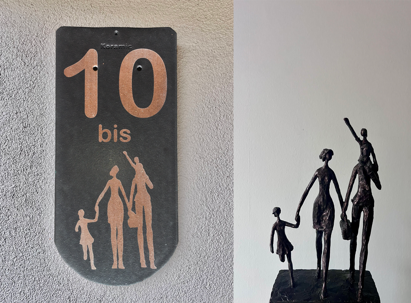 Tuile en terre cuite gravée avec numéro de maison et représentation famille personnalisé à offrir comme cadeau à une famille